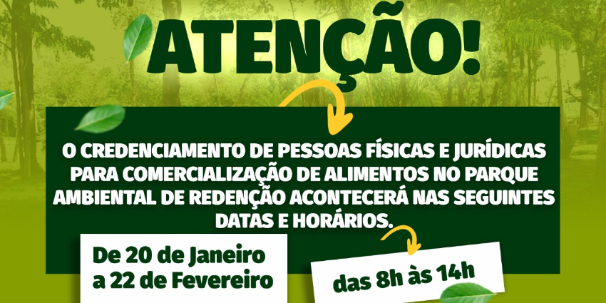 Prefeitura de Redenção abre credenciamento para comercialização de alimentos no Parque Natural